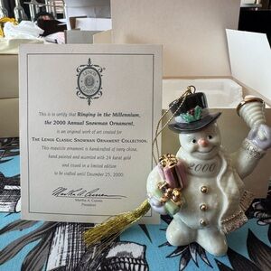 2000 Lenox Ivory & Black Porcelain Snowman Ornament w Gold Tassel